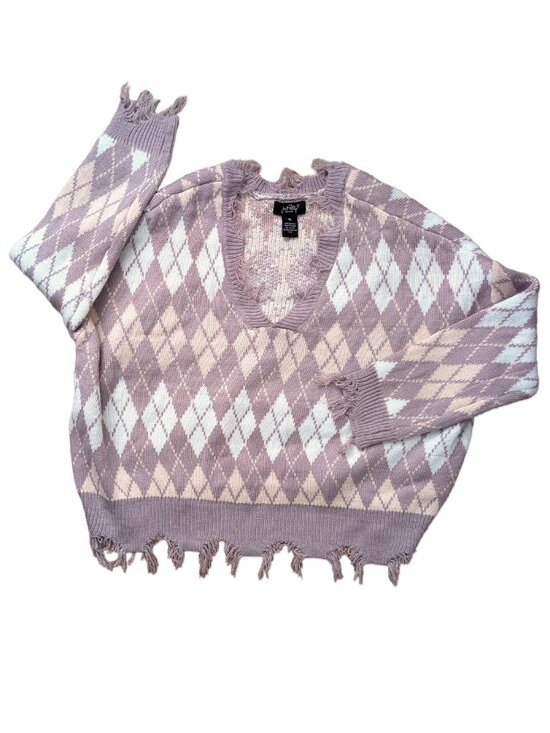 just polly Sweaters - Just Polly Argyle Crop V-Neck Frayed Hem, Size XL